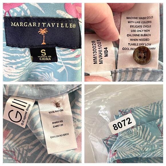 Margaritaville Mens Button Front Shirt Sz S Flamingo Palm Hawaii Aloha Blue Pink - Picture 8 of 8